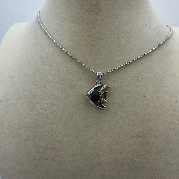 Silver Fish Pendant Necklace with Opal on Chain - Picture 4 of 9